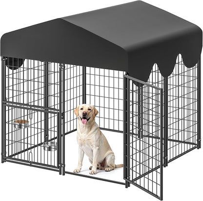 4x4x4.5ft Outdoor Dog Kennel, Metal Heavy Duty Dog Run with Rotating Door & 2 Adjustable Bowls, Dog Kennel Outside with Waterproof Cover, Pet Enclosure Indoor for Small/Medium/Large Dogs