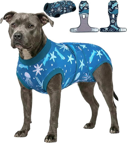 PetWarm Surgery Suit for Dogs, Dog Cone Alternative, Full-Body Dog Onesie for Recovery, Spay Neuter Suit to Help Prevent Scratching or Licking, Cozy and Protective, Marine Animal Patterns, Blue, XL