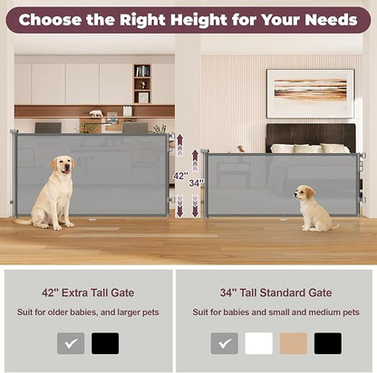 42" Extra Tall Retractable Baby Gates for Stairs, 76" Wide Dog Gate Indoor Outdoor for Doorways Deck Kitchen, Long Mesh Safety Gate for Child Toddler, Prevent Pet from Jumping Over, Grey