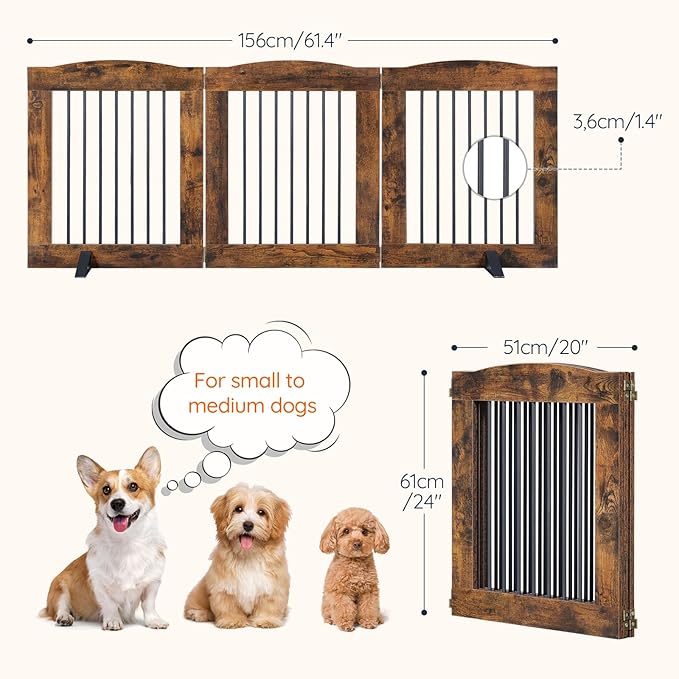 HOOBRO Indoor Dog Gate with Support Feet, Freestanding Pet Gate for Doorway, Stairs, 24 Inch 3 Panels, Folding Dog Fence, 360° Hinge for Easy Access, Sturdy Iron Pipe, Rustic Brown BF05PP03