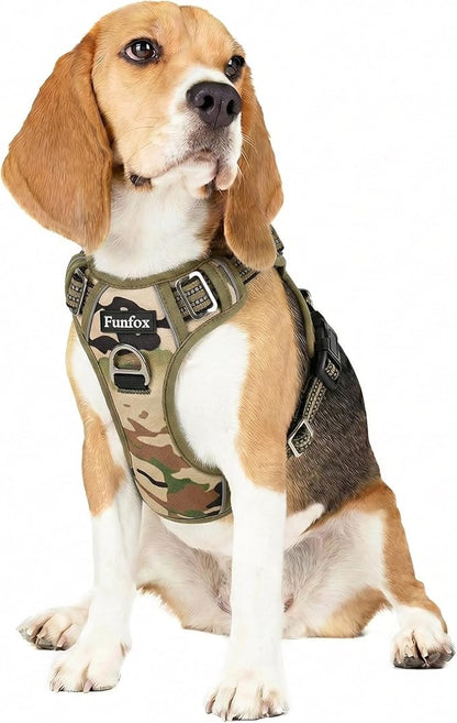 Funfox Dog Harness No Pull, Adjustable Pet Vest Harness, Super Soft Material with Vertical Handle Easy Control, Reflective Night Walking, 2 Leash Clips for Medium Sized Dogs, Camo Green, M