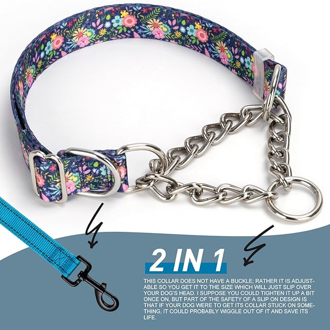 Martingale Collar for Dogs with Chain,Adjustable Nylon Floral Slip No Pull Training Dog Collars for Medium, Large & XL Dogs(Floral L)