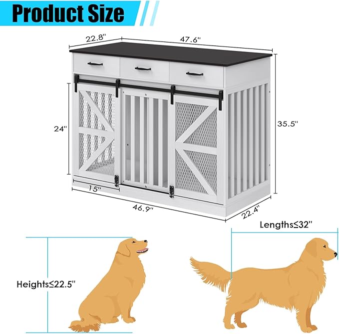47 Inch Wooden Dog Crate Furniture for 2 Dogs with Removable Divider & Storage Drawers, Double Door Kennel for Medium and Extra Large Dogs, Farmhouse Dog Cage Side End Table for Indoor use, White