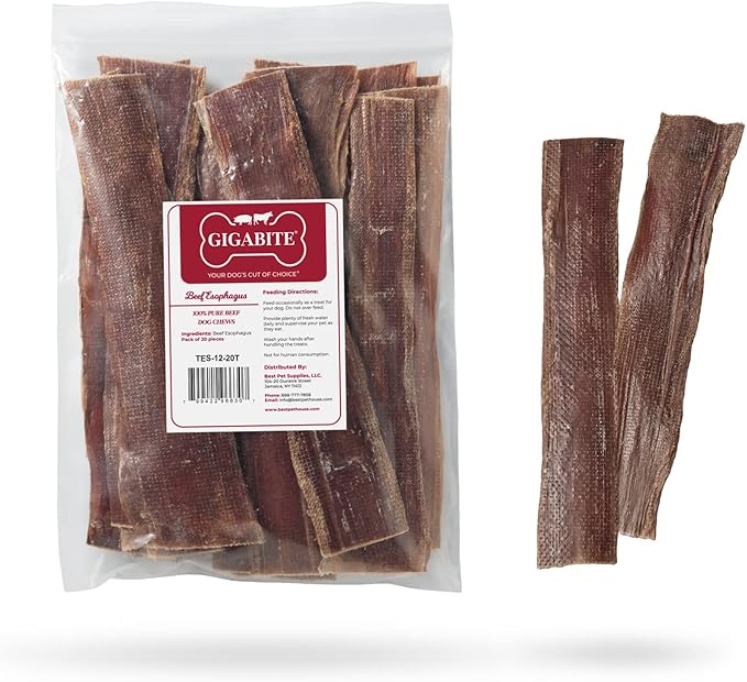 GigaBite Beef Esophagus Dog Treats - Natural Gullet Sticks for Dogs, High Protein Single Ingredient Dog Chews, Rawhide Free Dental Dog Treats for All Dog Breeds - Strips (10 inch), Pack of 18