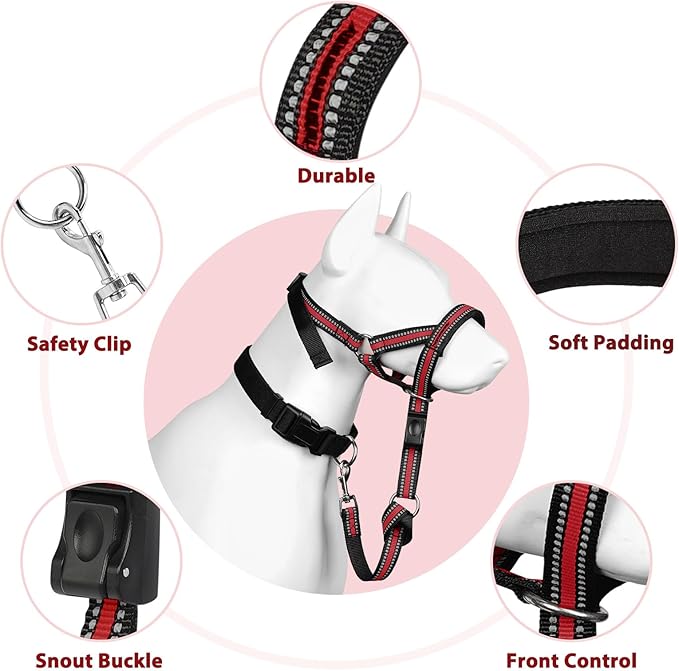 BARKLESS Soft Dog Head Collar, Patented Padded No Pull Head Halter, Training Nose Leash with Safety Link for Medium Large Dogs, Adjustable Muzzle Leash, Easy Control for Walking (XL, Red)
