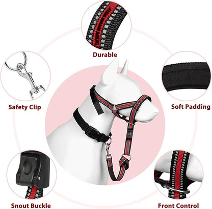 BARKLESS Soft Dog Head Collar, Patented Padded No Pull Head Halter, Training Nose Leash with Safety Link for Medium Large Dogs, Adjustable Muzzle Leash, Easy Control for Walking (XL, Red)