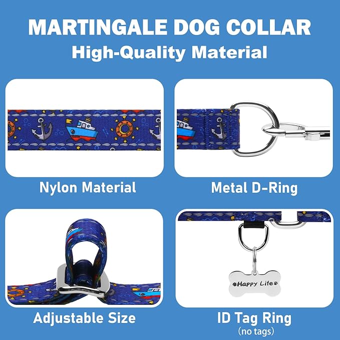 Fidohug Reflective Martingale Collar for Dogs Nylon Training Collar with No Buckle, No Pull Boy Male Dog Collar for Large Dogs（Navy Blue Sailboat，L）