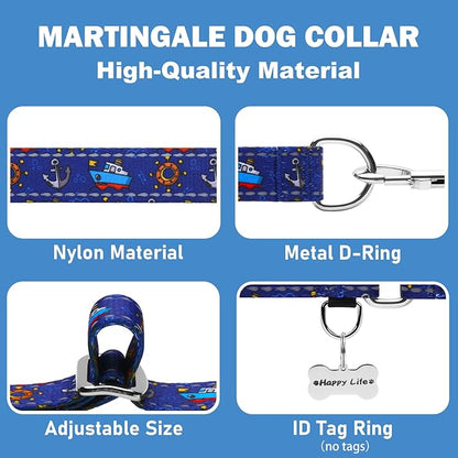 Reflective Martingale Collar for Dogs Nylon Training Collar with No Buckle, No Pull Boy Male Dog Collar for Medium Dogs（Navy Blue Sailboat，M）
