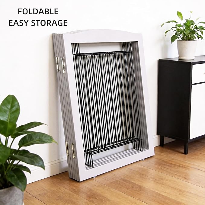 ZJSF Freestanding Dog Fence Indoor, Foldable Dog Gate for Doorways, Stairs or Hallways, Sturdy Wood Extra Wide Pet Gate with Support Feet for The House, Grey, 32 "Height-6 Panels