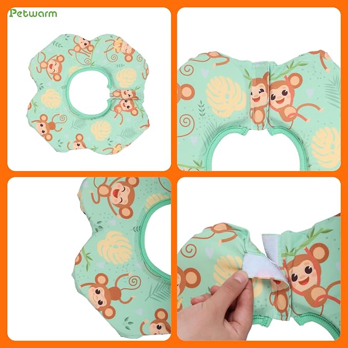 PetWarm Recovery Collar for Dogs, Dog Recovery Collar, Lightweight Pet Neck Protector with Memory Foam Padding, Gentle No-Lick Flower Design for Calm Rest and Travel, Monkey Print, Green, S