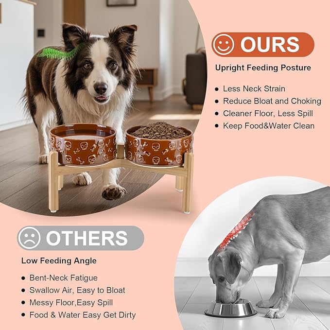 SPUNKYJUNKY Elevated Dog Bowls Ceramic, 7.3'' Dogs Food Water Bowls Raised with Non-Slip Bamboo Stand for Medium to Large Sized Breed Microwave Dishwasher Safe - 42 OZ,Skull Bronze