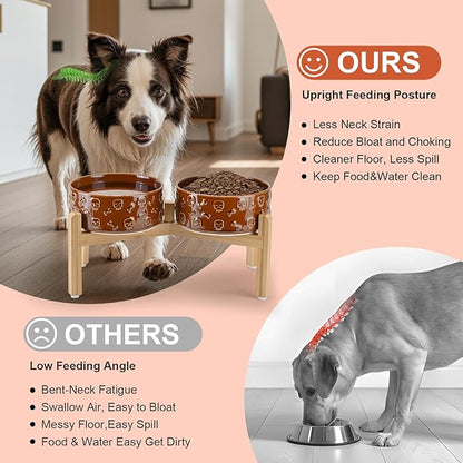 SPUNKYJUNKY Elevated Dog Bowls Ceramic, 7.3'' Dogs Food Water Bowls Raised with Non-Slip Bamboo Stand for Medium to Large Sized Breed Microwave Dishwasher Safe - 42 OZ,Skull Bronze