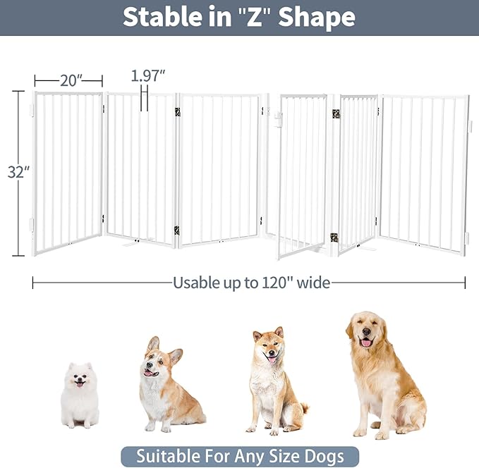 Metal Freestanding Dog Gates with Door for Outdoor Indoor,120'' Extra Wide 32'' Tall Free Standing Dog Gate for Doorways,Large Openings,Deck,Yard,Porch,Foldable Pet Fence(White,6 Panels)