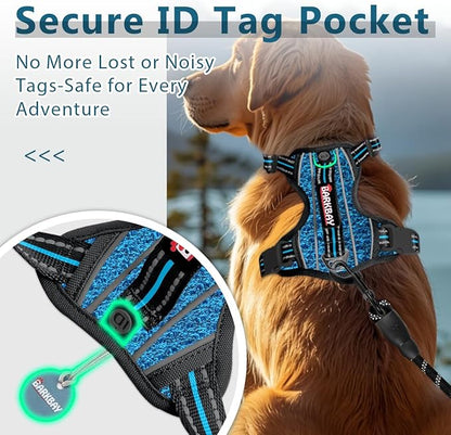 BARKBAY Dog Harness No Pull with ID Tag Pocket - Heavy Duty, Reflective, Easy Control for Large Dogs(Blue/Black,L)