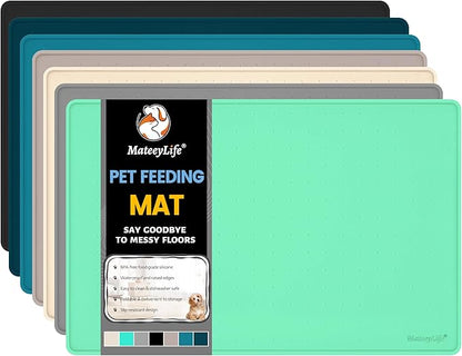 MateeyLife Dog & Cat Food Water Mat for Floors Waterproof, Nonslip Pets Bowl Feeding Mats with Raised Edges, Silicone Matt Tray for Messy Drinkers, 18"x12",MintGreen