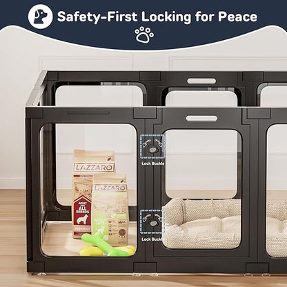 Jalove Acrylic Dog Playpen Indoor, 24“ H Plastic Pet Playpen with Door, Clear Pet Play Pen for Puppy Cat Rabbit Ferret, Easy Assemble Dog Pen, Preferable for Small Cage, Black 10 PCS