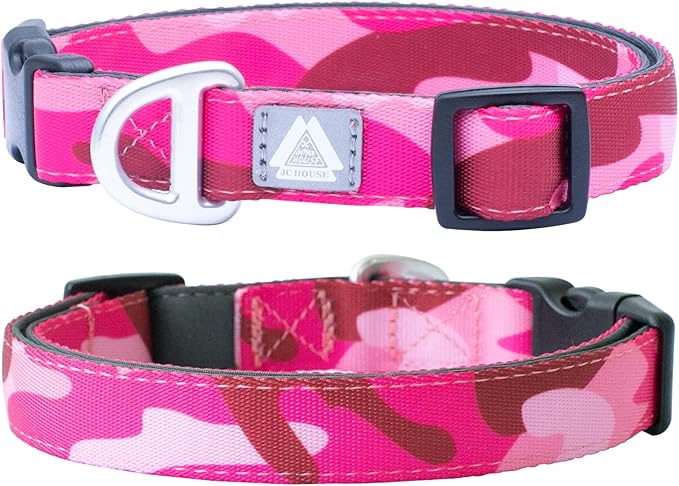 Soft Padded Dog Collar, Neck 16’’-25’’, Adjustable Heavy Duty Collar with 3M Reflective Logo for Medium, Large Dogs, Camo Pink, L