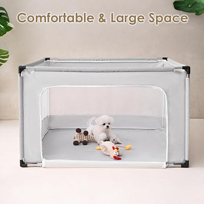 EHEYCIGA 42x42x26 Inches Puppy Playpen Without Top Cover for Dogs & Cats Indoor or Outdoor - Dog Playpen with Door, Dog Fence for Small Animal with Heavy-Duty Oxford & Steel Frame, Sliver Grey