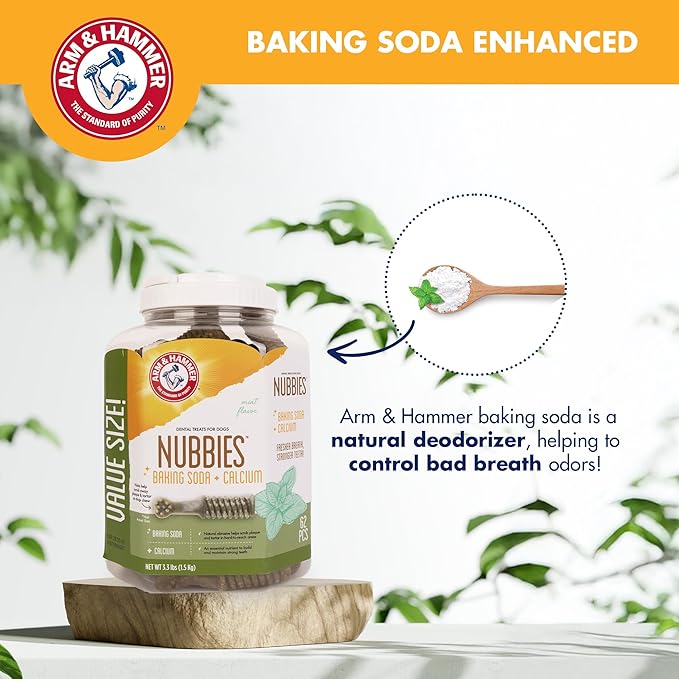 Arm & Hammer for Pets Nubbies Dental Treats Value Size - Baking Soda & Calcium Dog Dental Chews, Helps Scrub Plaque & Tartar While Chewing, Mint Flavor, 62 Count, 52.8 Oz