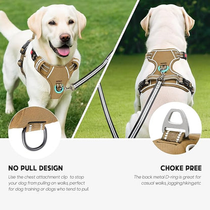 Timos Dog Harness Large Sized, No Pull Pet Harness with Neck Lockable Snap,No Choke Front Clip Dog Reflective Vest,Adjustable Metal Rings 3 Buckles,Easy Control Handle for Large Dogs Khaki XL