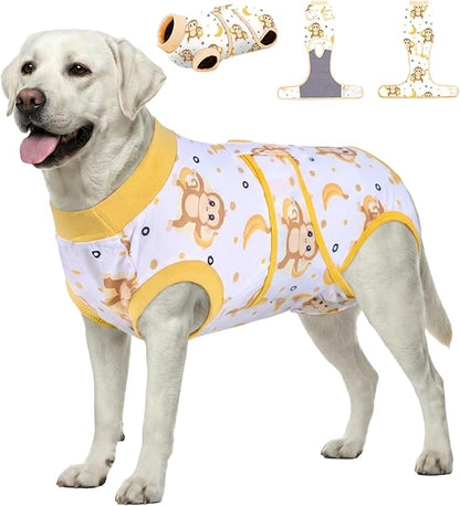 PetWarm Dog Surgical Suit, Recovery Suit for Dogs After Surgery, Collars and Cones Alternative Dog Abdominal Wounds Bandages, Onesies for Dogs, Monkey Pattern, Yellow, 2XL