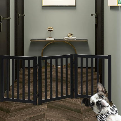 LZRS 3-Panel Wooden Free Standing Foldable Dog Gate Indoor – 24" High,Step-Over Safety Pet Gate for Doorways, Stairs, Hallways, Indoor Dog Barrier for Small to Medium Dogs & Puppies, Black