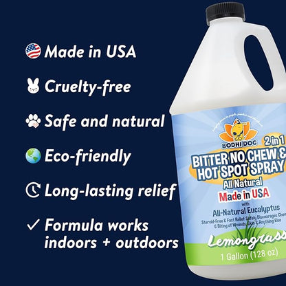 Bodhi Dog Bitter 2-in-1 No Chew & Hot Spot Spray - Natural Anti-Chew Remedy Better Than Bitter Apple - Soothes Hot Spots, Deters Chewing - Safe for Skin, Wounds & Furniture- Made in USA (128 Fl Oz)