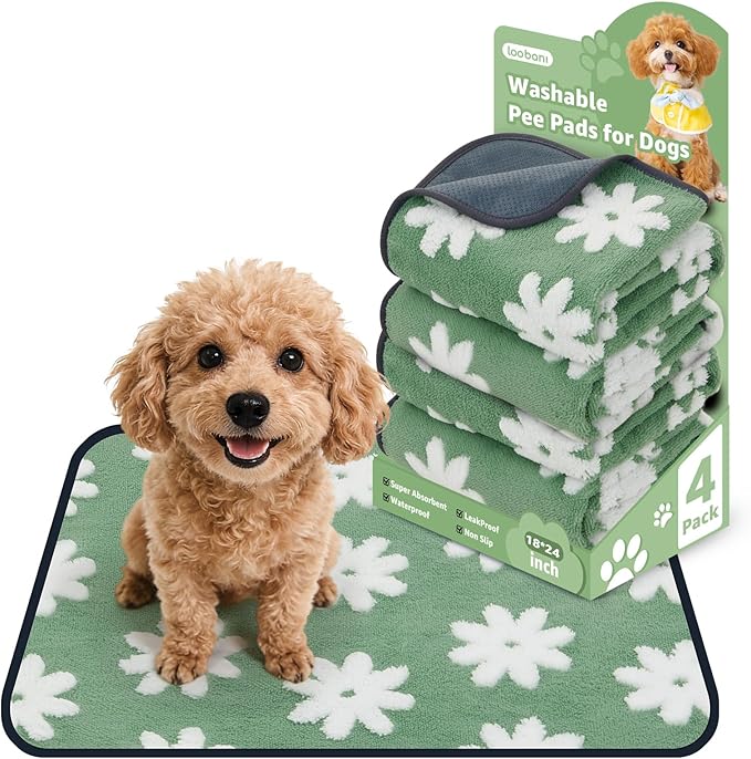 LOOBANI Washable Puppy Pads: Waterproof Reusable Pee Pads for Dogs, Non-Slip and Leak-Proof Dog Pee Mat, Absorbent Dog Training Pads for Puppy Playpen, Crate, Potty Training (18"x24", 4 Packs)
