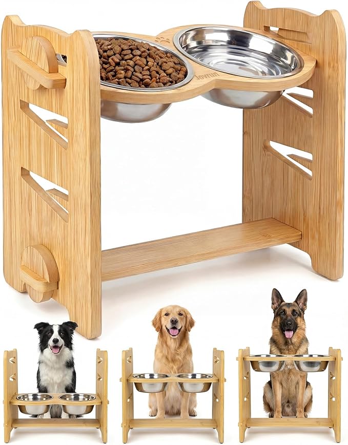 Jovrun Elevated Dog Bowls, Adjustable Raised Dog Bowl Stand for Medium Large Size Dogs, 15°Tilted Elevated Dog Bowls, Durable Bamboo Dogs Feeder with 2 Stainless Steel Bowls and Non-Slip Feet