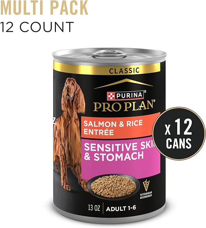 Purina Pro Plan Sensitive Skin and Stomach Dog Food Wet Classic Pate Salmon and Rice Entrée - (Pack of 12) 13 oz. Cans