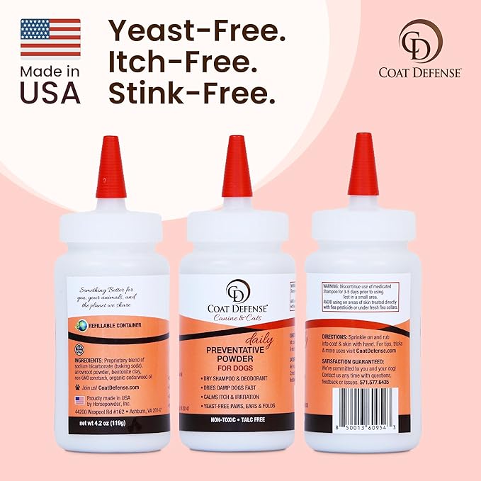 COAT DEFENSE Daily Preventative Powder | Made in USA | 4.2oz Precision Point Waterless Dog Shampoo & Pet Deodorizer for Smelly Dogs | Provides Anti Itch Relief | Dog Shampoo for Dry Itchy Skin