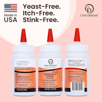 COAT DEFENSE Daily Preventative Powder | Made in USA | 4.2oz Precision Point Waterless Dog Shampoo & Pet Deodorizer for Smelly Dogs | Provides Anti Itch Relief | Dog Shampoo for Dry Itchy Skin