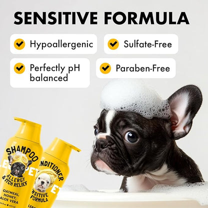 LEGITPET Oatmeal Dog Shampoo & Conditioner Itch & Allergy Relief with Honey & Aloe Hypoallergenic Gentle Calming Formula for Sensitive Skin & Dandruff Safe for Puppies Best for All Breeds 2 x 16oz
