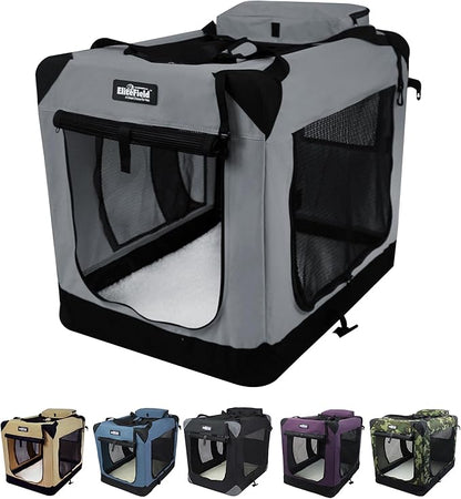 EliteField 3-Door Folding Soft Dog Crate with Carrying Bag and Fleece Bed (2 Year Warranty), Indoor & Outdoor Pet Home (30" L x 21" W x 24" H, Light Gray)