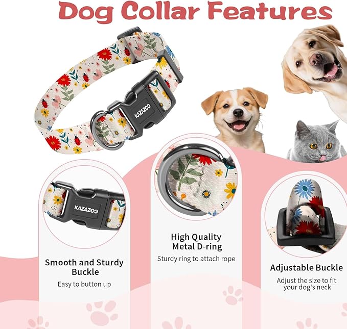 Kazazoo Dog Collar Cute and Soft Nylon Puppy Collar for Boy and Girl, Adjustable Dog Collars for Small Medium Dogs, Ladybugs and Flowers-M