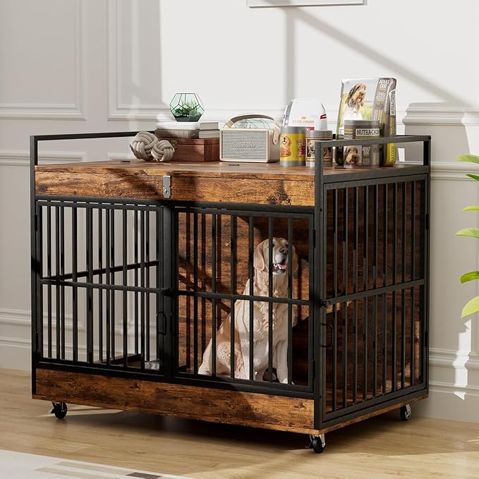 45 Inch Dog Crate Furniture for Large Dog with 2 Stainless Steel Bowls, Heavy Duty Dog Kennel Indoor, Large Wooden Dog Crate Table for Decorate House As TV Stand, End Table