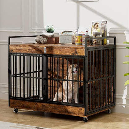 45 Inch Dog Crate Furniture for Large Dog with 2 Stainless Steel Bowls, Heavy Duty Dog Kennel Indoor, Large Wooden Dog Crate Table for Decorate House As TV Stand, End Table