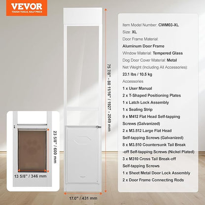 VEVOR Dog Door for Sliding Glass Door, 75 7/8"-80 11/16" Adjustable Height Doggy Door for Sliding Doors, Aluminum Frame Tempered Glass Pet Door with Hinge Structure Flap and Lock (X-Large)