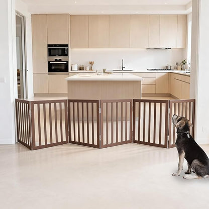ZJSF Freestanding Indoor Dog Gate for House Foldable Wood Brown Puppy Gate for Doorways Pet Gate for Stairs Extra Wide Pet Fence 24" Height 6 Panels