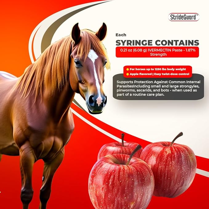 Horse Ivermectin Paste 1.87% – Apple Flavored Oral Horse Dewormer Syringe – 6.08g Tube Treats Horses Up to 1250 LB [Pack-24]