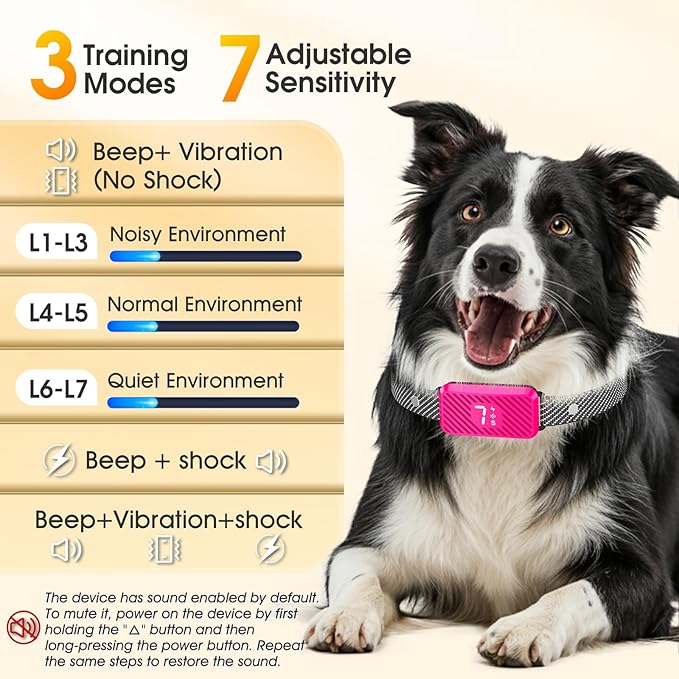 Dog Bark Collar for Large Medium Small Dogs, Effective No-Bark Collar, Smart Barking Collar, Rechargeable Bark Collar with 7 Sensitivity, 3 Modes, Waterproof, Peach Pink
