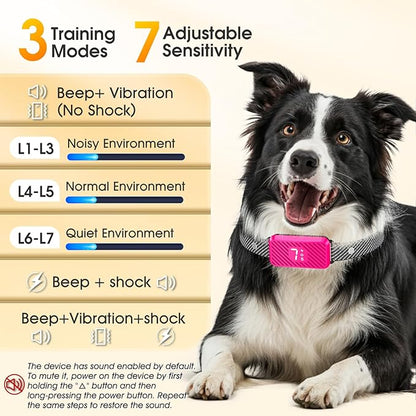 Dog Bark Collar for Large Medium Small Dogs, Effective No-Bark Collar, Smart Barking Collar, Rechargeable Bark Collar with 7 Sensitivity, 3 Modes, Waterproof, Peach Pink