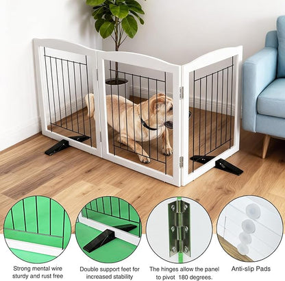 ZJSF Freestanding Dog Fence Indoor, Foldable Dog Gate for Doorways, Stairs or Hallways, Sturdy Wood Extra Wide Pet Gate with Support Feet for The House, White, 32 "Height-3 Panels