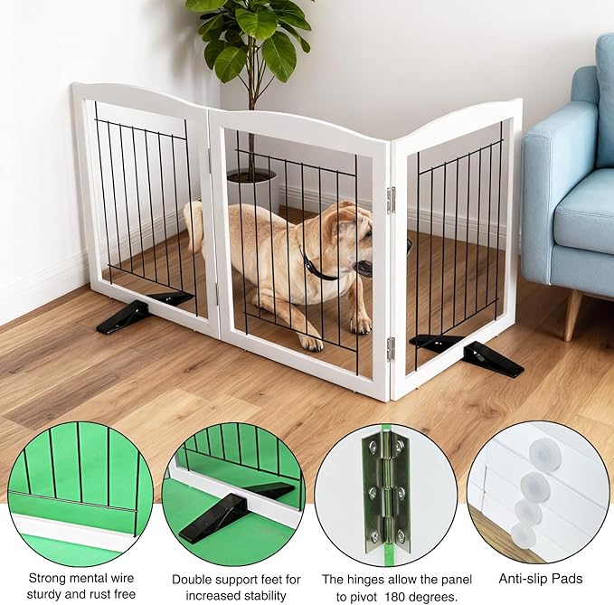 ZJSF Freestanding Dog Fence Indoor, Foldable Dog Gate for Doorways, Stairs or Hallways, Sturdy Wood Extra Wide Pet Gate with Support Feet for The House, White, 24 "Height-3 Panels