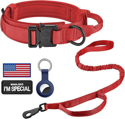 DAGANXI Tactical Dog Collar, Adjustable Military Training Nylon Dog Collar with Control Handle and Heavy Metal Buckle for Medium and Large Dogs, with Patches and Airtags Case (Red-Set, XL)