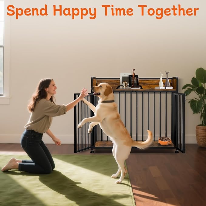42 in Dog Crate Furniture, Medium Dog Kennel Indoor, Large Dog Kennel Indoor for Large Breed, Wooden Dog Cage Table Decorative for Small, Medium, Dog (Brown Wood & Black)