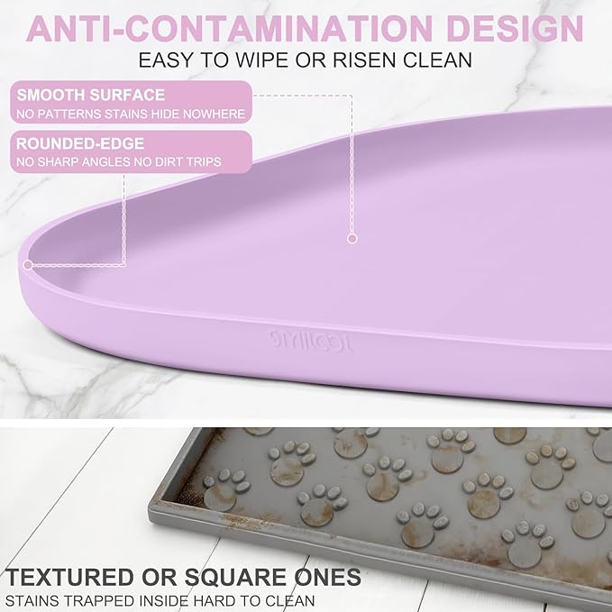 Smilool Silicone Pet Food Mat with Raised Edge for Food and Water Bowl, Dog Feeding Mats, Cat Food Trays for Floor Waterproof, Rubber Tray for Dogs and Cats, 22 x 14 x 0.8 Lavender
