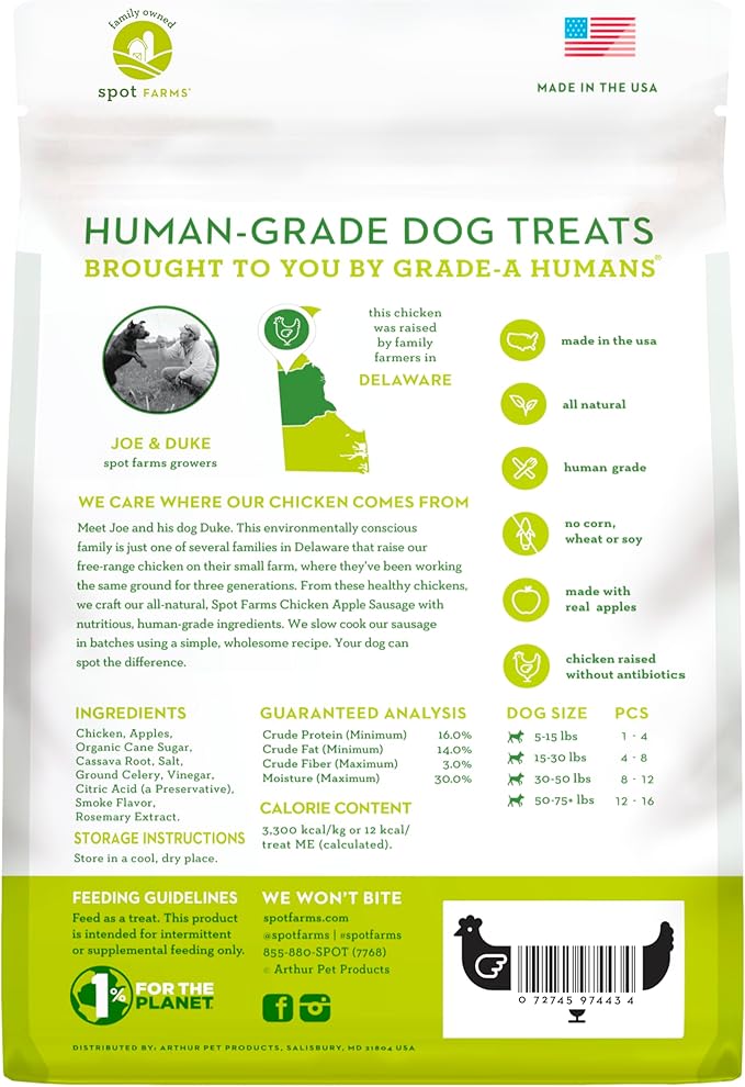 Spot Farms Chicken Apple Sausage Healthy All Natural Dog Treats Human Grade Made in USA 12.5 oz