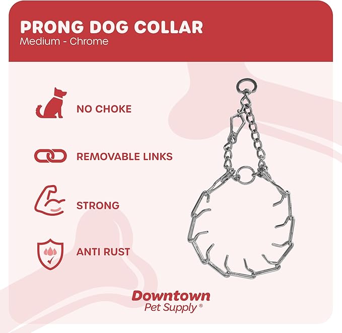 Downtown Pet Supply Chrome Plated Prong Collar for Dogs, Medium - Adjustable, No-Choke and No Pull Dog Collar with Removable Links - Pinch Collar for Dogs 20-40 lbs and 20" Neck Width