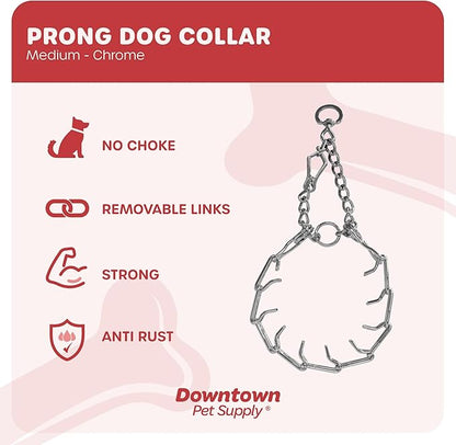 Downtown Pet Supply Chrome Plated Prong Collar for Dogs, Medium - Adjustable, No-Choke and No Pull Dog Collar with Removable Links - Pinch Collar for Dogs 20-40 lbs and 20" Neck Width